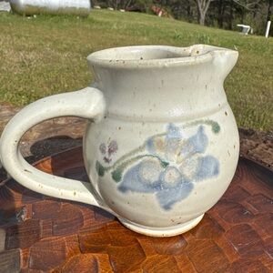 Vintage Handmade Ceramic Pitcher with Blue Floral Motif-1980-90’s